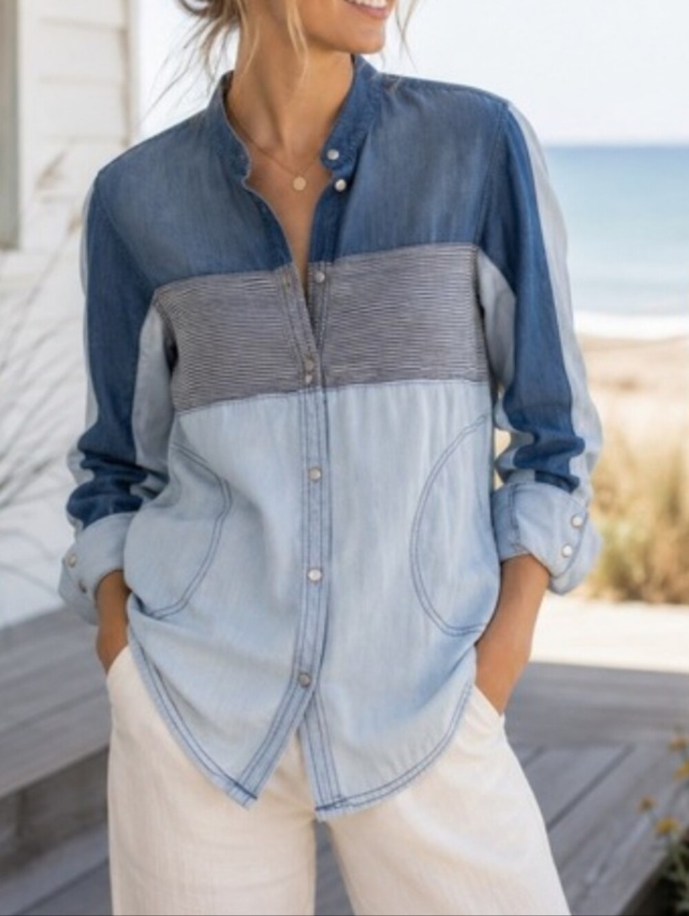 We The Free Oversized Patchwork Denim Button-Up Shirt